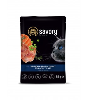 Вологий корм Savory для дорослих котів, лосось з горошком у соусі, пауч, 85 г Savory - 1 - 4820261920116