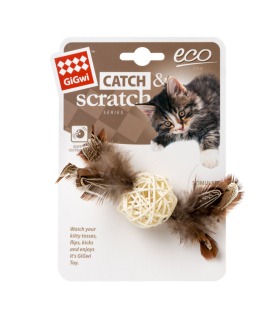 Іграшка для котів Плетений м'ячик з дзвіночком і пір'ям GiGwi Catch&scratch перо, дерево, 13 см GiGwi - 1 - 4823089351469 2