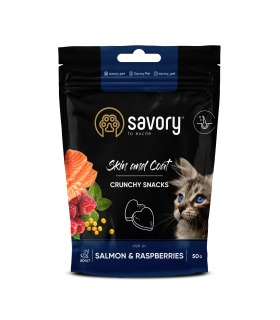 Хрусткі ласощі для котів Savory для здоров'я шкіри та шерсті, лосось із малиною 50 г Savory - 1 - 4820232631386