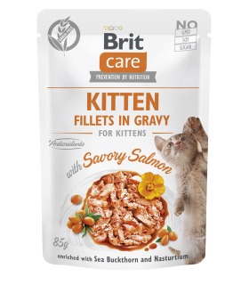 Корм вологий для кошенят Brit Care Cat Fillets in Gravy with Savory Salmon філе в соусі з лососем, пауч, 85 г 8595602565313