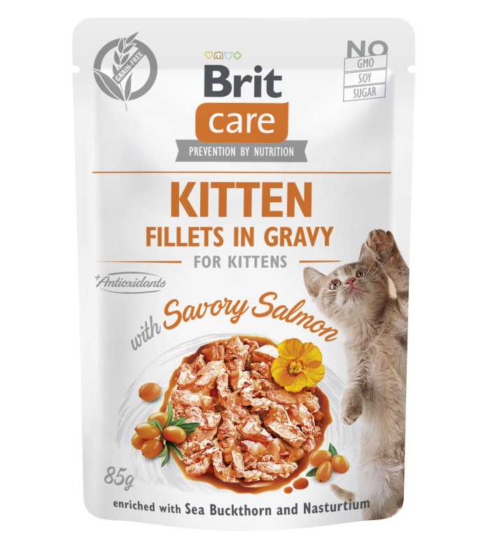 Корм вологий для кошенят Brit Care Cat Fillets in Gravy with Savory Salmon філе в соусі з лососем, пауч, 85 г 8595602565313