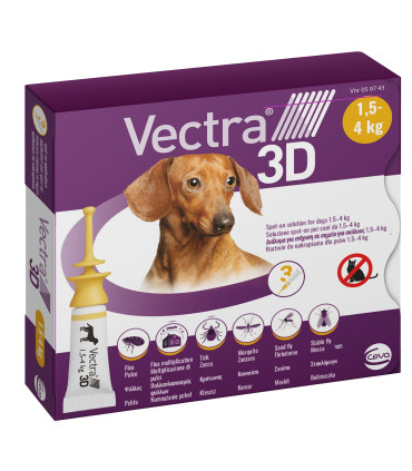 Від кліщів, бліх, комарів, москітів  краплі на холку для собак 1,5-4 кг CEVA Vectra 3D  - 1 - 
