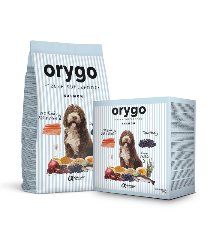 Напіввологий корм для дорослих собак всіх порід Orygo Salmon з лососем та чорницею, Світ Корму