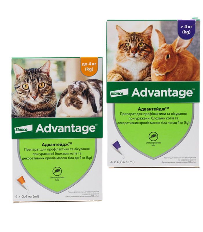 Краплі від бліх і кліщів для котів та декоративних кроликів Aдвантейдж® 4 піпетки спор он