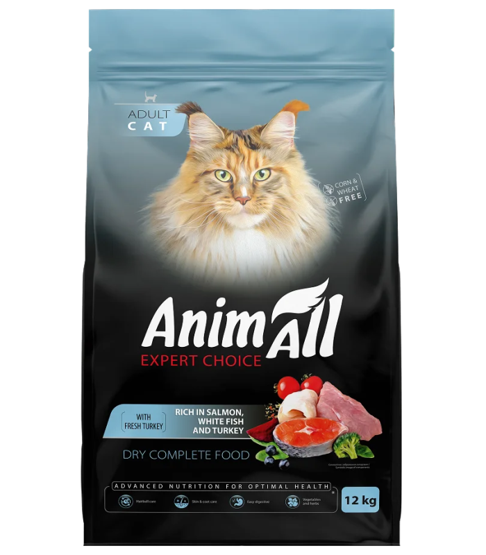 Сухий корм для дорослих котів AnimAll, з лососем, білою рибою та свіжою індичкою, 12 кг